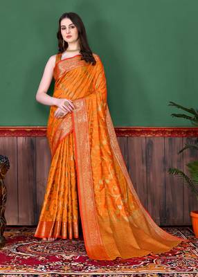 Korams Design Orange Zari Woven Banarasi Silk Saree with Unstitched Blouse 2