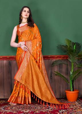 Korams Design Orange Zari Woven Banarasi Silk Saree with Unstitched Blouse 3