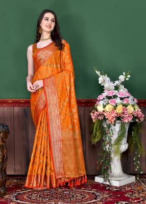 Korams Design Orange Zari Woven Banarasi Silk Saree with Unstitched Blouse 4