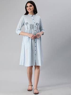 Blue printed cotton short-dresses 1