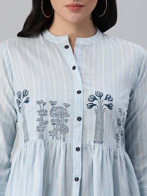 Blue printed cotton short-dresses 4