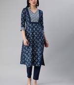Blue embroidered cotton cotton-kurtis