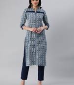 Blue printed cotton cotton-kurtis