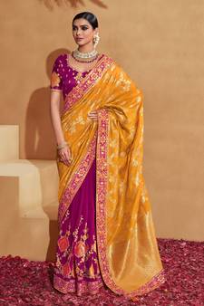 Mustard embroidered silk saree with blouse