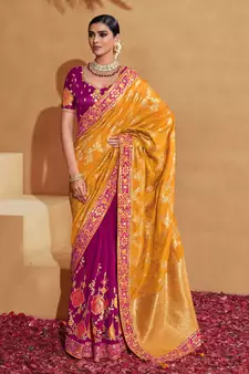 Mustard embroidered silk saree with blouse