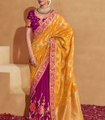 Mustard embroidered silk saree with blouse