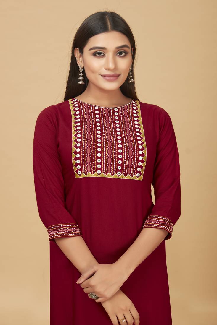 Rayon Straight Embroidery Kurti