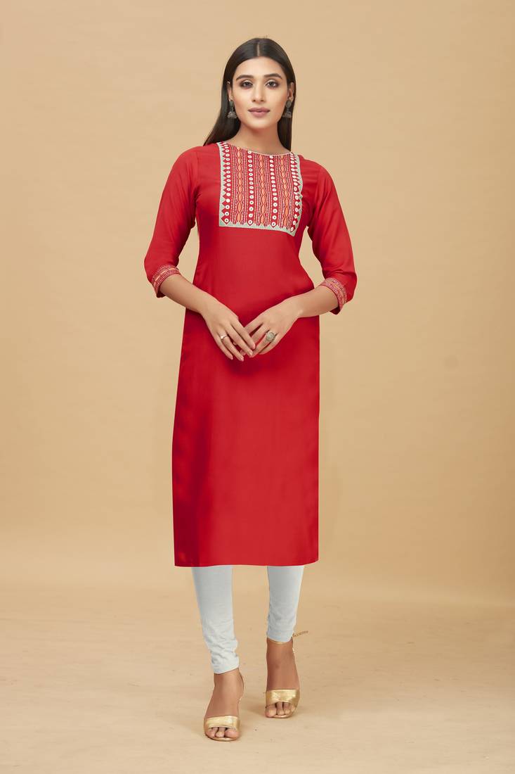 Rayon Straight Embroidery Kurti