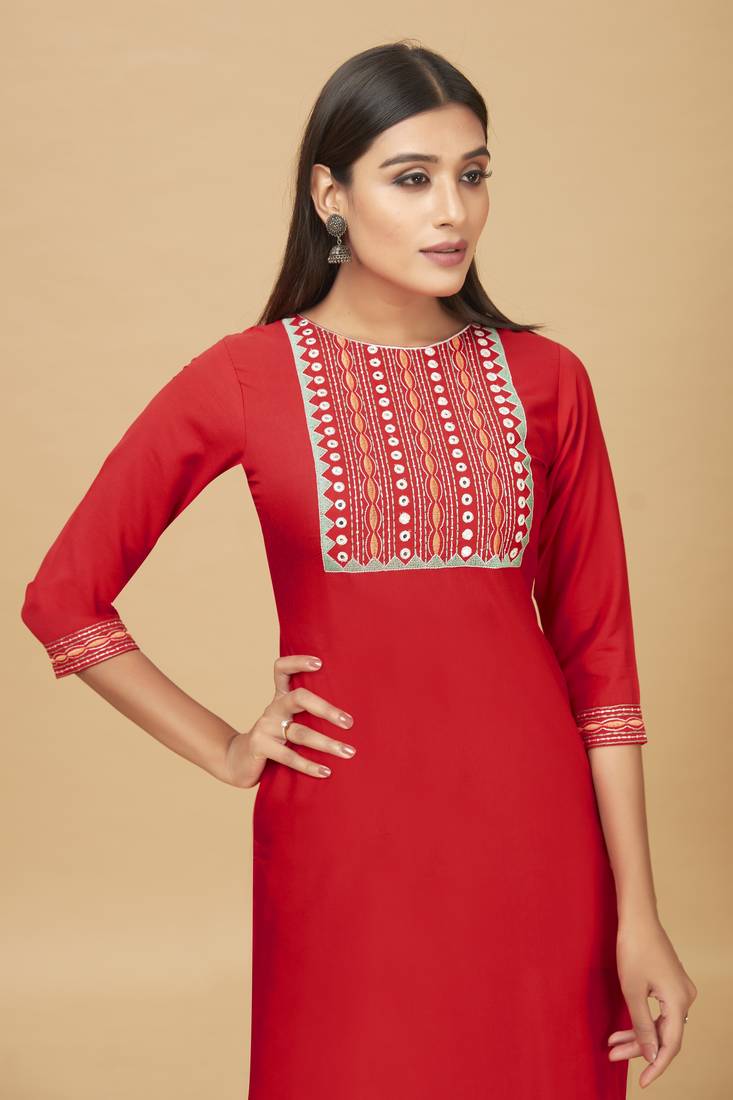 Rayon Straight Embroidery Kurti