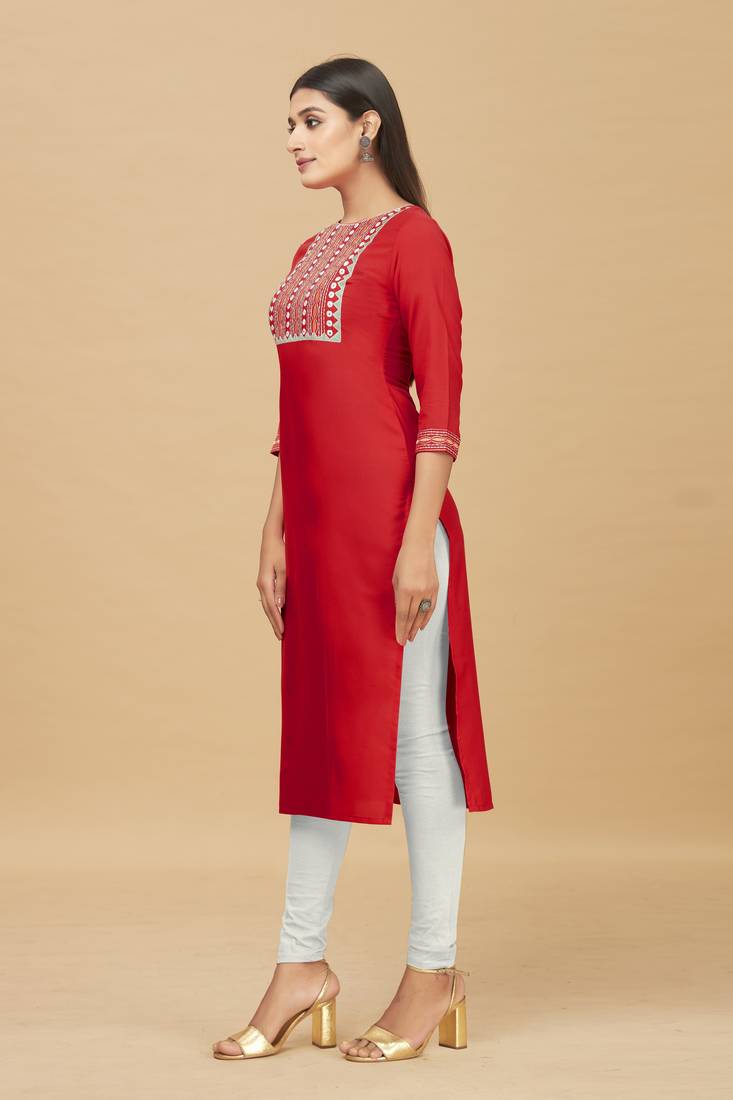 Rayon Straight Embroidery Kurti