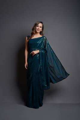  Party Wear Sequins Pattern Embroidery Work With Georgette Fabric Saree 1