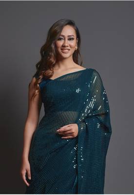  Party Wear Sequins Pattern Embroidery Work With Georgette Fabric Saree 2
