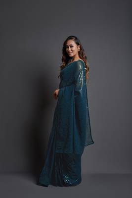  Party Wear Sequins Pattern Embroidery Work With Georgette Fabric Saree 5