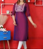 Magenta embroidered art silk ethnic-kurtis