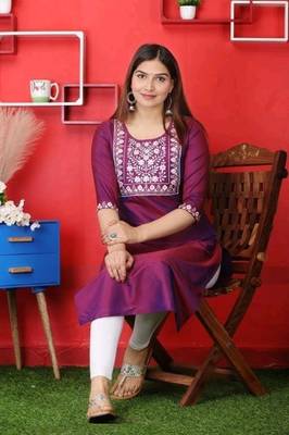 Magenta embroidered art silk ethnic-kurtis 3