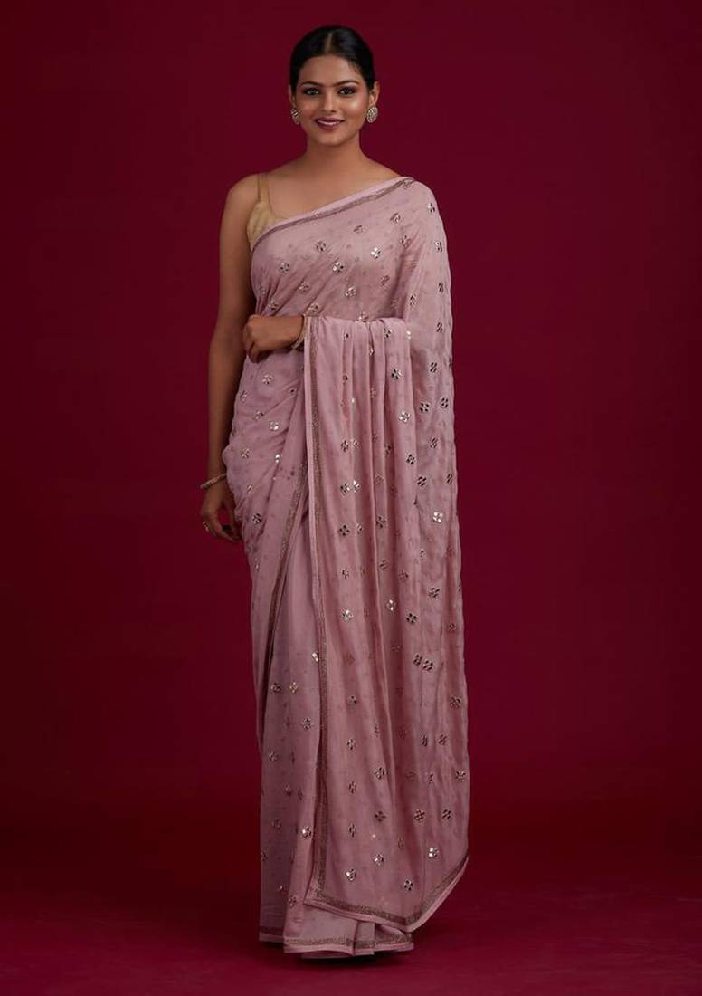 Light pink embroidered georgette saree with blouse