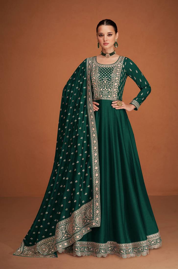 Dark-green embroidered silk salwar