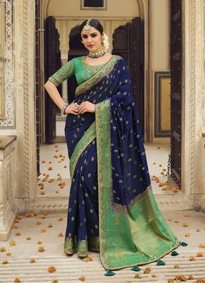 Navy blue embroidered art silk saree with blouse 1