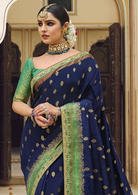 Navy blue embroidered art silk saree with blouse 2
