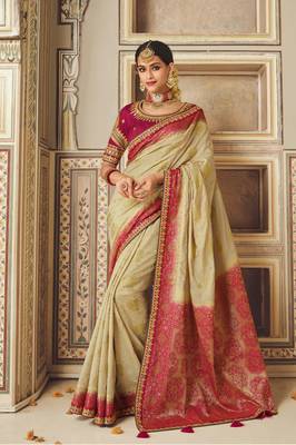 Beige embroidered art silk saree with blouse 1