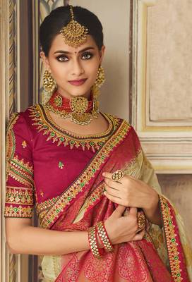 Beige embroidered art silk saree with blouse 3