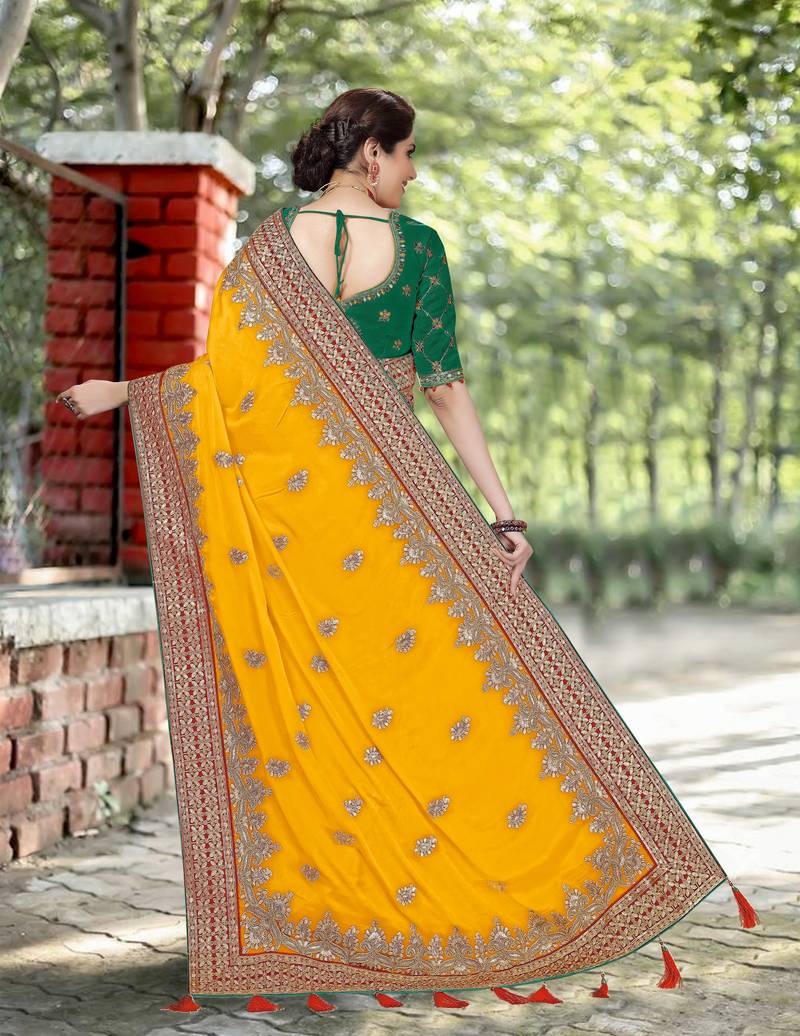  Lemon Satin Silk Embroidred Party Wear Saree With Blouse