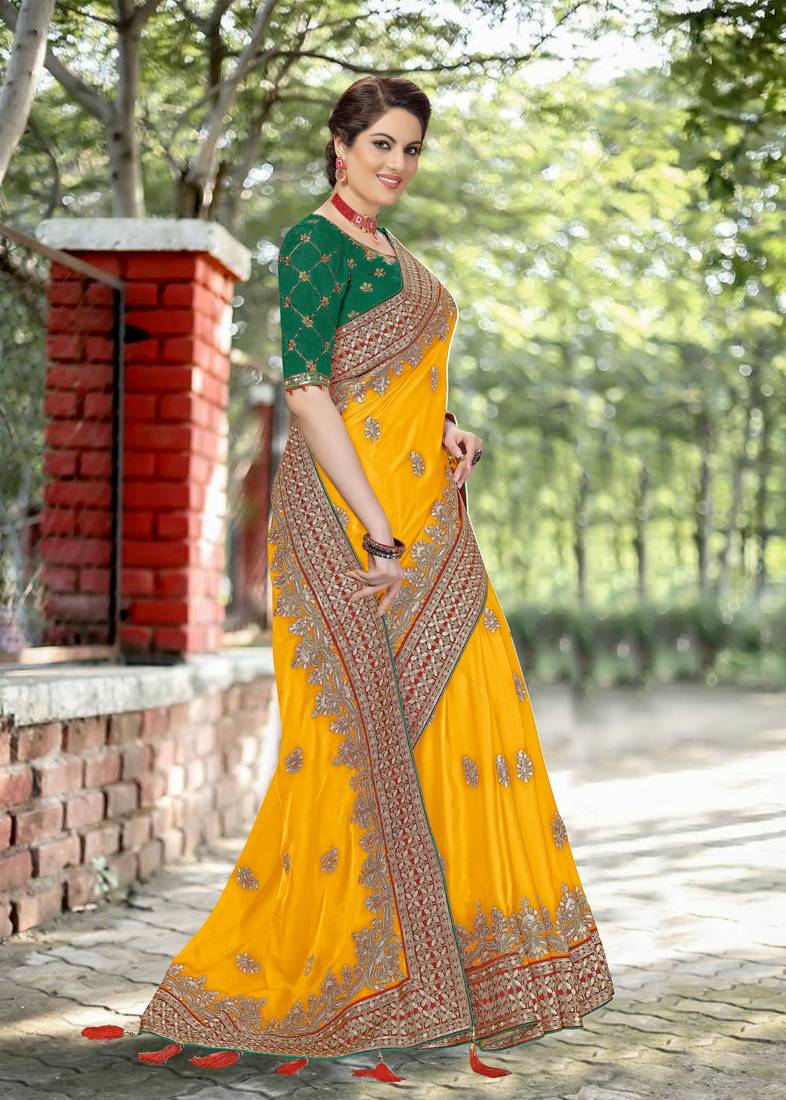  Lemon Satin Silk Embroidred Party Wear Saree With Blouse