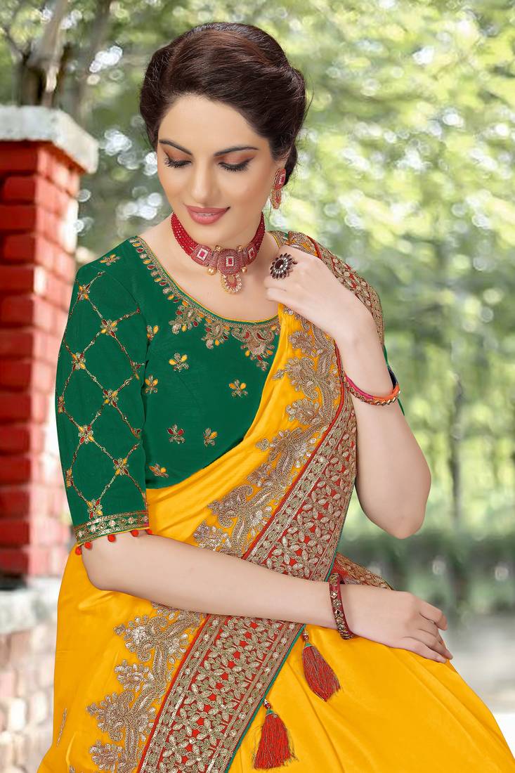  Lemon Satin Silk Embroidred Party Wear Saree With Blouse