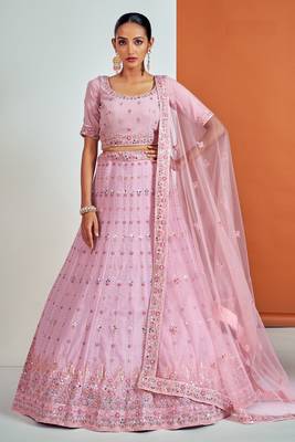 PINK SEQUINS, DORI, ZARKAN & THREAD EMBROIDERED GEORGETTE FESTIVE BRIDAL WEDDING & PARTY WEAR SEMI STITCHED LEHENGA 1