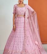 PINK SEQUINS, DORI, ZARKAN & THREAD EMBROIDERED GEORGETTE FESTIVE BRIDAL WEDDING & PARTY WEAR SEMI STITCHED LEHENGA