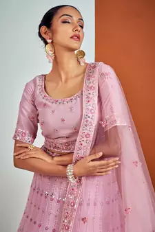 PINK SEQUINS, DORI, ZARKAN & THREAD EMBROIDERED GEORGETTE FESTIVE BRIDAL WEDDING & PARTY WEAR SEMI STITCHED LEHENGA