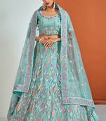 TURQUOISE SEQUINS, DORI, ZARKAN & THREAD EMBROIDERED NET FESTIVE BRIDAL WEDDING & PARTY WEAR SEMI STITCHED LEHENGA