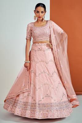 PEACH SEQUINS, ZARI & THREAD EMBROIDERED GEORGETTE FESTIVE BRIDAL WEDDING & PARTY WEAR SEMI STITCHED LEHENGA 1