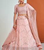 PEACH SEQUINS, ZARI & THREAD EMBROIDERED GEORGETTE FESTIVE BRIDAL WEDDING & PARTY WEAR SEMI STITCHED LEHENGA