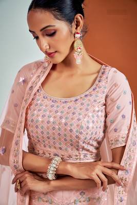 PEACH SEQUINS, ZARI & THREAD EMBROIDERED GEORGETTE FESTIVE BRIDAL WEDDING & PARTY WEAR SEMI STITCHED LEHENGA 2