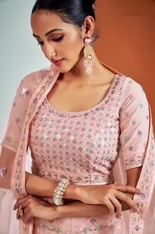 PEACH SEQUINS, ZARI & THREAD EMBROIDERED GEORGETTE FESTIVE BRIDAL WEDDING & PARTY WEAR SEMI STITCHED LEHENGA