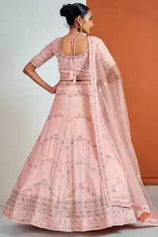 PEACH SEQUINS, ZARI & THREAD EMBROIDERED GEORGETTE FESTIVE BRIDAL WEDDING & PARTY WEAR SEMI STITCHED LEHENGA