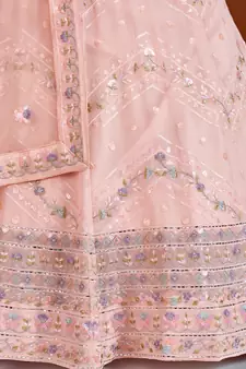 PEACH SEQUINS, ZARI & THREAD EMBROIDERED GEORGETTE FESTIVE BRIDAL WEDDING & PARTY WEAR SEMI STITCHED LEHENGA