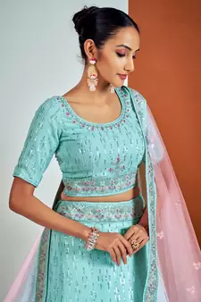 TURQUOISE SEQUINS, DORI & THREAD EMBROIDERED GEORGETTE FESTIVE BRIDAL WEDDING & PARTY WEAR SEMI STITCHED LEHENGA