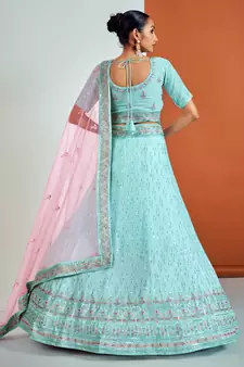 TURQUOISE SEQUINS, DORI & THREAD EMBROIDERED GEORGETTE FESTIVE BRIDAL WEDDING & PARTY WEAR SEMI STITCHED LEHENGA