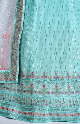 TURQUOISE SEQUINS, DORI & THREAD EMBROIDERED GEORGETTE FESTIVE BRIDAL WEDDING & PARTY WEAR SEMI STITCHED LEHENGA 5