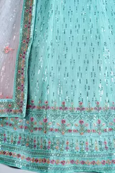 TURQUOISE SEQUINS, DORI & THREAD EMBROIDERED GEORGETTE FESTIVE BRIDAL WEDDING & PARTY WEAR SEMI STITCHED LEHENGA