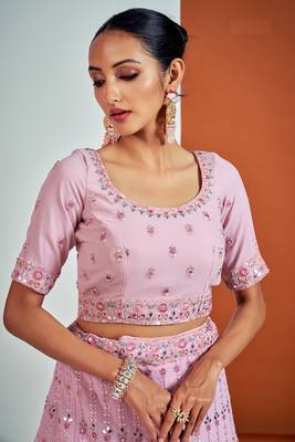 PINK SEQUINS, DORI, ZARKAN & THREAD EMBROIDERED GEORGETTE FESTIVE BRIDAL WEDDING & PARTY WEAR SEMI STITCHED LEHENGA 6