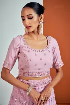 PINK SEQUINS, DORI, ZARKAN & THREAD EMBROIDERED GEORGETTE FESTIVE BRIDAL WEDDING & PARTY WEAR SEMI STITCHED LEHENGA