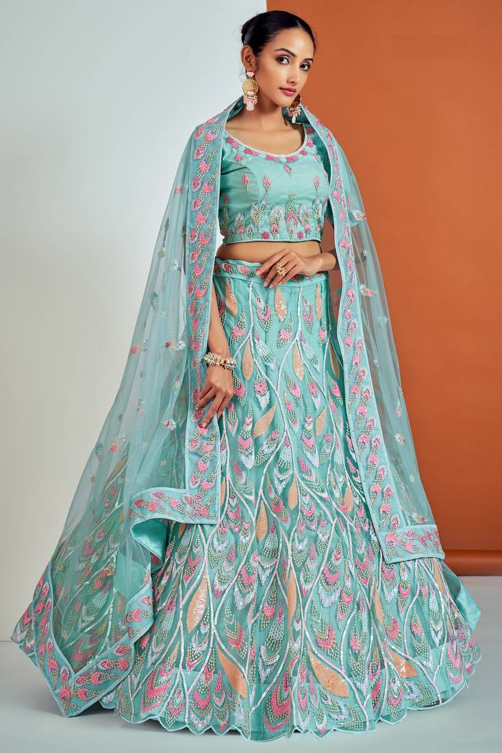 TURQUOISE SEQUINS, DORI, ZARKAN & THREAD EMBROIDERED NET FESTIVE BRIDAL WEDDING & PARTY WEAR SEMI STITCHED LEHENGA