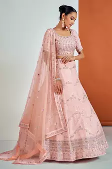 PEACH SEQUINS, ZARI & THREAD EMBROIDERED GEORGETTE FESTIVE BRIDAL WEDDING & PARTY WEAR SEMI STITCHED LEHENGA