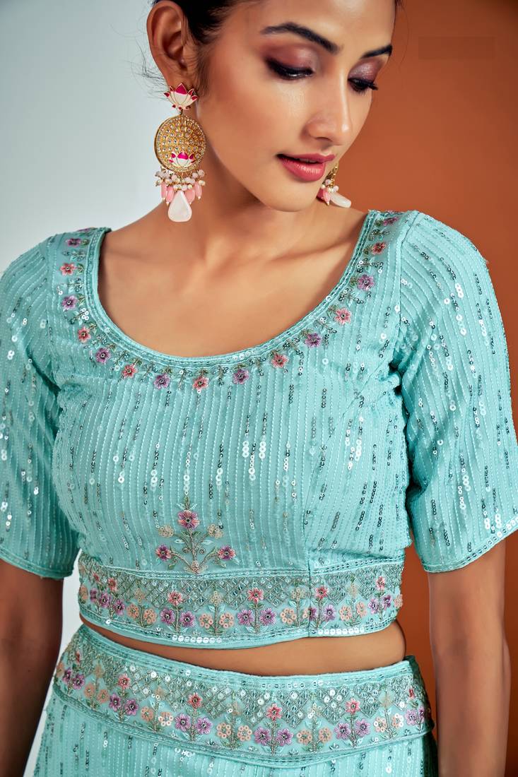 TURQUOISE SEQUINS, DORI & THREAD EMBROIDERED GEORGETTE FESTIVE BRIDAL WEDDING & PARTY WEAR SEMI STITCHED LEHENGA
