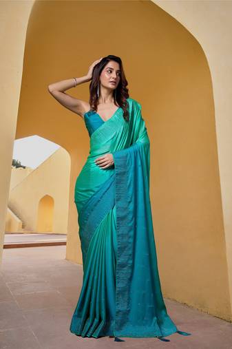 Women's Sky Blue Silk Saree Heavy Embroidered Work Saree