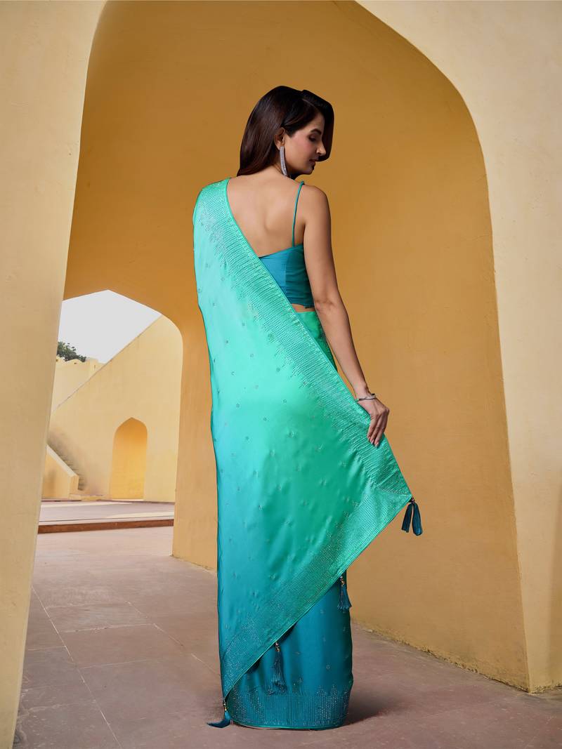 Women's Sky Blue Silk Saree Heavy Embroidered Work Saree