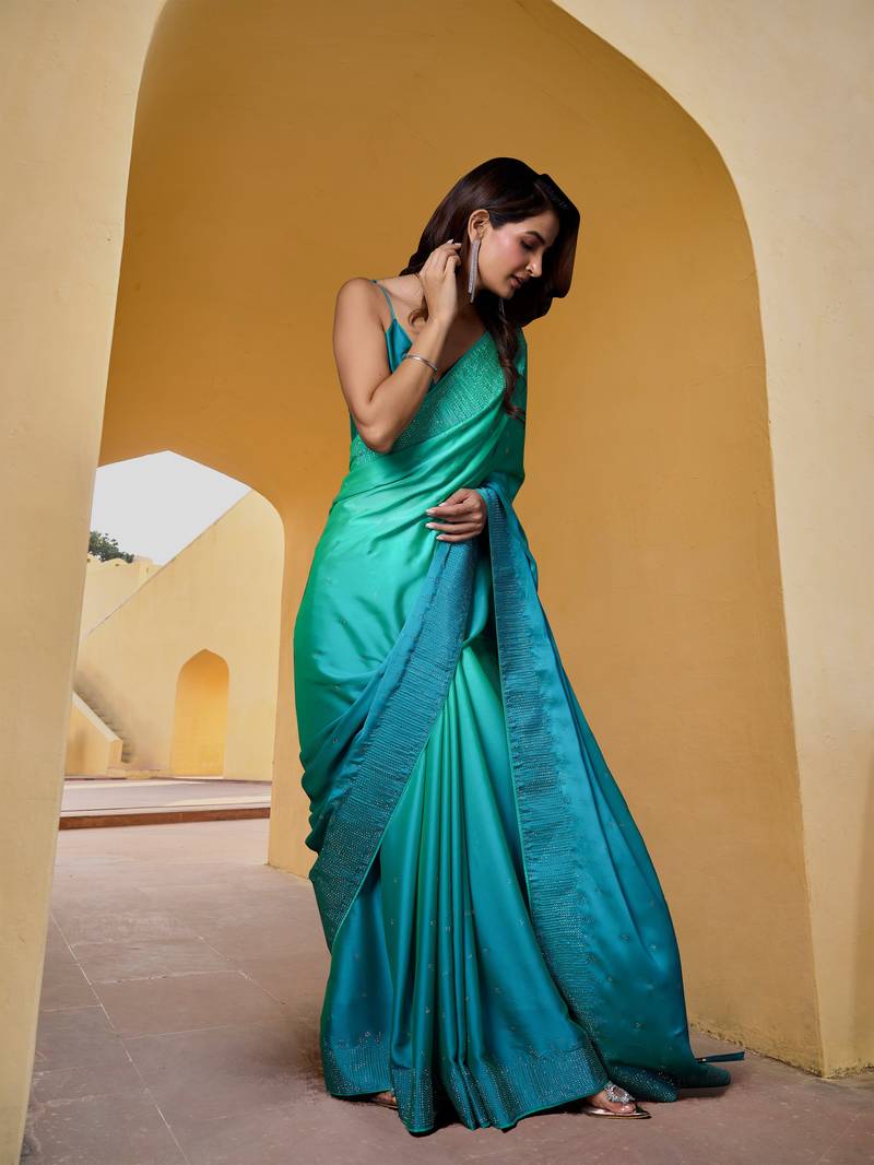 Women's Sky Blue Silk Saree Heavy Embroidered Work Saree